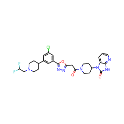 O=C(Cc1nnc(-c2cc(Cl)cc(C3CCN(CC(F)F)CC3)c2)o1)N1CCC(n2c(=O)[nH]c3ncccc32)CC1 ZINC000049756274