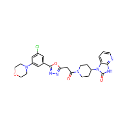 O=C(Cc1nnc(-c2cc(Cl)cc(N3CCOCC3)c2)o1)N1CCC(n2c(=O)[nH]c3ncccc32)CC1 ZINC000045371613