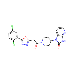 O=C(Cc1nnc(-c2cc(Cl)ccc2Cl)o1)N1CCC(n2c(=O)[nH]c3ncccc32)CC1 ZINC000045368903