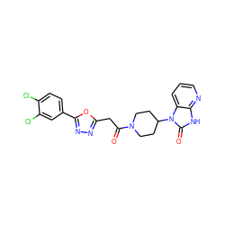 O=C(Cc1nnc(-c2ccc(Cl)c(Cl)c2)o1)N1CCC(n2c(=O)[nH]c3ncccc32)CC1 ZINC000045373238