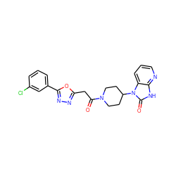 O=C(Cc1nnc(-c2cccc(Cl)c2)o1)N1CCC(n2c(=O)[nH]c3ncccc32)CC1 ZINC000045370547