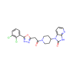 O=C(Cc1nnc(-c2cccc(Cl)c2Cl)o1)N1CCC(n2c(=O)[nH]c3ncccc32)CC1 ZINC000045386837