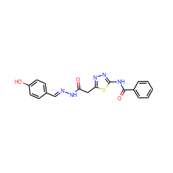 O=C(Cc1nnc(NC(=O)c2ccccc2)s1)N/N=C/c1ccc(O)cc1 ZINC000001308182