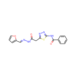 O=C(Cc1nnc(NC(=O)c2ccccc2)s1)N/N=C/c1ccco1 ZINC000000725431