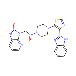 O=C(Cn1c(=O)[nH]c2cccnc21)N1CCN(c2scnc2-c2nc3ccccc3[nH]2)CC1 ZINC000143747314