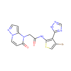 O=C(Cn1c(=O)ccn2nccc12)Nc1scc(Br)c1-c1ncn[nH]1 ZINC000072180158