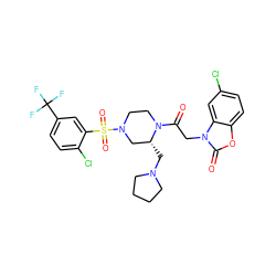 O=C(Cn1c(=O)oc2ccc(Cl)cc21)N1CCN(S(=O)(=O)c2cc(C(F)(F)F)ccc2Cl)C[C@H]1CN1CCCC1 ZINC000042802904