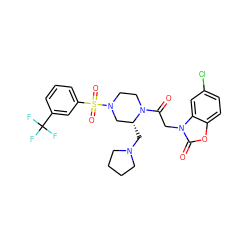 O=C(Cn1c(=O)oc2ccc(Cl)cc21)N1CCN(S(=O)(=O)c2cccc(C(F)(F)F)c2)C[C@H]1CN1CCCC1 ZINC000042803776