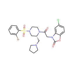 O=C(Cn1c(=O)oc2ccc(Cl)cc21)N1CCN(S(=O)(=O)c2ccccc2Br)C[C@H]1CN1CCCC1 ZINC000042920066