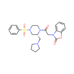 O=C(Cn1c(=O)oc2ccccc21)N1CCN(S(=O)(=O)c2ccccc2)C[C@H]1CN1CCCC1 ZINC000040976612