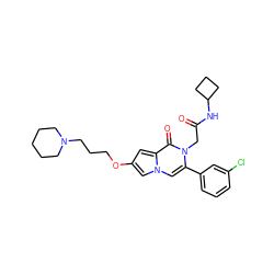 O=C(Cn1c(-c2cccc(Cl)c2)cn2cc(OCCCN3CCCCC3)cc2c1=O)NC1CCC1 ZINC000058591106