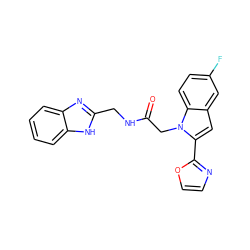 O=C(Cn1c(-c2ncco2)cc2cc(F)ccc21)NCc1nc2ccccc2[nH]1 ZINC001772648006