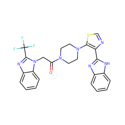 O=C(Cn1c(C(F)(F)F)nc2ccccc21)N1CCN(c2scnc2-c2nc3ccccc3[nH]2)CC1 ZINC000205436942