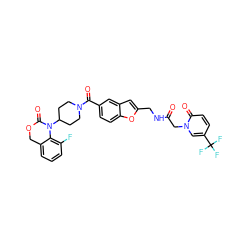 O=C(Cn1cc(C(F)(F)F)ccc1=O)NCc1cc2cc(C(=O)N3CCC(N4C(=O)OCc5cccc(F)c54)CC3)ccc2o1 ZINC000029211863