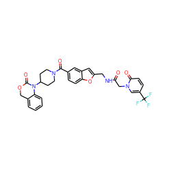 O=C(Cn1cc(C(F)(F)F)ccc1=O)NCc1cc2cc(C(=O)N3CCC(N4C(=O)OCc5ccccc54)CC3)ccc2o1 ZINC000029211379