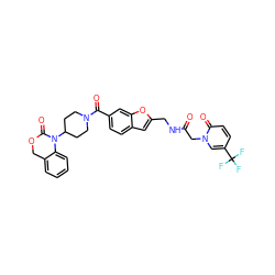 O=C(Cn1cc(C(F)(F)F)ccc1=O)NCc1cc2ccc(C(=O)N3CCC(N4C(=O)OCc5ccccc54)CC3)cc2o1 ZINC000029213112