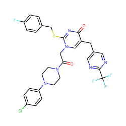 O=C(Cn1cc(Cc2cnc(C(F)(F)F)nc2)c(=O)nc1SCc1ccc(F)cc1)N1CCN(c2ccc(Cl)cc2)CC1 ZINC000029560189