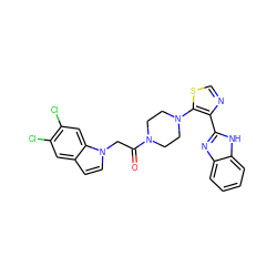 O=C(Cn1ccc2cc(Cl)c(Cl)cc21)N1CCN(c2scnc2-c2nc3ccccc3[nH]2)CC1 ZINC000143769371