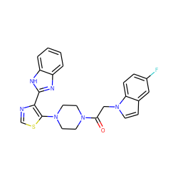 O=C(Cn1ccc2cc(F)ccc21)N1CCN(c2scnc2-c2nc3ccccc3[nH]2)CC1 ZINC000143688843