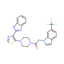 O=C(Cn1ccc2ccc(C(F)(F)F)cc21)N1CCN(c2scnc2-c2nc3ccccc3[nH]2)CC1 ZINC000143784595