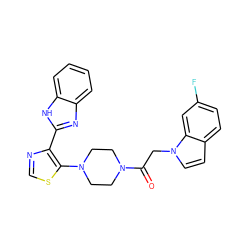 O=C(Cn1ccc2ccc(F)cc21)N1CCN(c2scnc2-c2nc3ccccc3[nH]2)CC1 ZINC000143626187