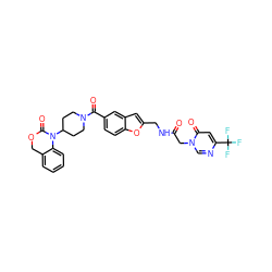 O=C(Cn1cnc(C(F)(F)F)cc1=O)NCc1cc2cc(C(=O)N3CCC(N4C(=O)OCc5ccccc54)CC3)ccc2o1 ZINC000029206515