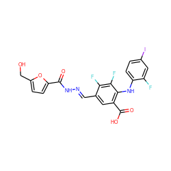 O=C(N/N=C/c1cc(C(=O)O)c(Nc2ccc(I)cc2F)c(F)c1F)c1ccc(CO)o1 ZINC000049867787