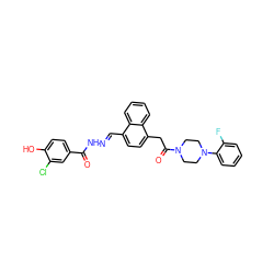 O=C(N/N=C/c1ccc(CC(=O)N2CCN(c3ccccc3F)CC2)c2ccccc12)c1ccc(O)c(Cl)c1 ZINC000027636737