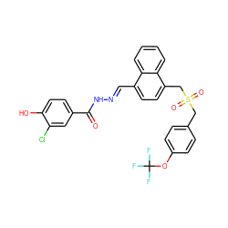 O=C(N/N=C/c1ccc(CS(=O)(=O)Cc2ccc(OC(F)(F)F)cc2)c2ccccc12)c1ccc(O)c(Cl)c1 ZINC000095093516