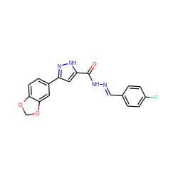 O=C(N/N=C/c1ccc(F)cc1)c1cc(-c2ccc3c(c2)OCO3)n[nH]1 ZINC000013635843