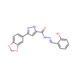 O=C(N/N=C/c1ccccc1O)c1cc(-c2ccc3c(c2)OCO3)n[nH]1 ZINC000012338831