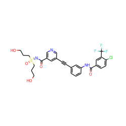 O=C(N=S(=O)(CCCO)CCCO)c1cncc(C#Cc2cccc(NC(=O)c3ccc(Cl)c(C(F)(F)F)c3)c2)c1 ZINC001772593222