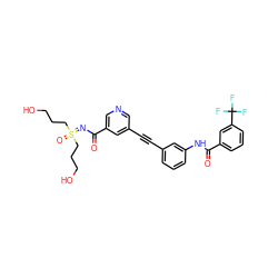 O=C(N=S(=O)(CCCO)CCCO)c1cncc(C#Cc2cccc(NC(=O)c3cccc(C(F)(F)F)c3)c2)c1 ZINC001772644865