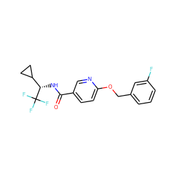 O=C(N[C@@H](C1CC1)C(F)(F)F)c1ccc(OCc2cccc(F)c2)nc1 ZINC000095574693