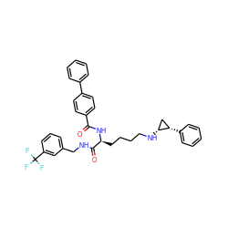 O=C(N[C@@H](CCCCN[C@@H]1C[C@@H]1c1ccccc1)C(=O)NCc1cccc(C(F)(F)F)c1)c1ccc(-c2ccccc2)cc1 ZINC000143724573
