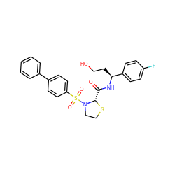 O=C(N[C@@H](CCO)c1ccc(F)cc1)[C@@H]1SCCN1S(=O)(=O)c1ccc(-c2ccccc2)cc1 ZINC000038390836