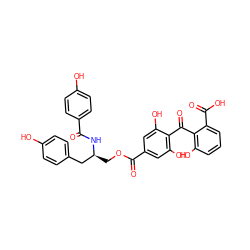 O=C(N[C@@H](COC(=O)c1cc(O)c(C(=O)c2c(O)cccc2C(=O)O)c(O)c1)Cc1ccc(O)cc1)c1ccc(O)cc1 ZINC000014944090