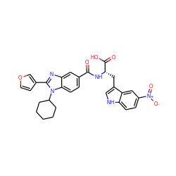 O=C(N[C@@H](Cc1c[nH]c2ccc([N+](=O)[O-])cc12)C(=O)O)c1ccc2c(c1)nc(-c1ccoc1)n2C1CCCCC1 ZINC000028016283