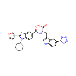 O=C(N[C@@H](Cc1c[nH]c2ccc(C3N=NN=N3)cc12)C(=O)O)c1ccc2c(c1)nc(-c1ccoc1)n2C1CCCCC1 ZINC000038320305