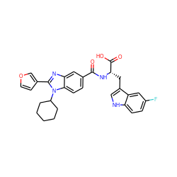 O=C(N[C@@H](Cc1c[nH]c2ccc(F)cc12)C(=O)O)c1ccc2c(c1)nc(-c1ccoc1)n2C1CCCCC1 ZINC000028019725