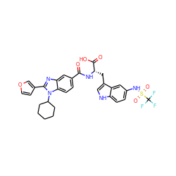 O=C(N[C@@H](Cc1c[nH]c2ccc(NS(=O)(=O)C(F)(F)F)cc12)C(=O)O)c1ccc2c(c1)nc(-c1ccoc1)n2C1CCCCC1 ZINC000028092297