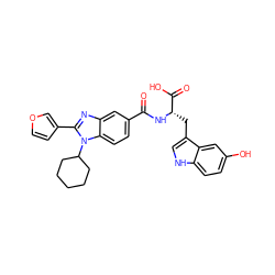 O=C(N[C@@H](Cc1c[nH]c2ccc(O)cc12)C(=O)O)c1ccc2c(c1)nc(-c1ccoc1)n2C1CCCCC1 ZINC000013586769