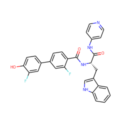 O=C(N[C@@H](Cc1c[nH]c2ccccc12)C(=O)Nc1ccncc1)c1ccc(-c2ccc(O)c(F)c2)cc1F ZINC000096930108