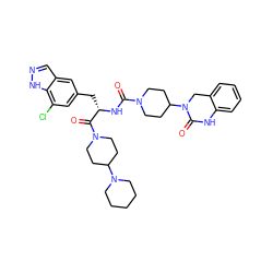 O=C(N[C@@H](Cc1cc(Cl)c2[nH]ncc2c1)C(=O)N1CCC(N2CCCCC2)CC1)N1CCC(N2Cc3ccccc3NC2=O)CC1 ZINC000095589073