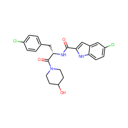 O=C(N[C@@H](Cc1ccc(Cl)cc1)C(=O)N1CCC(O)CC1)c1cc2cc(Cl)ccc2[nH]1 ZINC000029057231