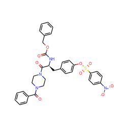 O=C(N[C@@H](Cc1ccc(OS(=O)(=O)c2ccc([N+](=O)[O-])cc2)cc1)C(=O)N1CCN(C(=O)c2ccccc2)CC1)OCc1ccccc1 ZINC000028979092