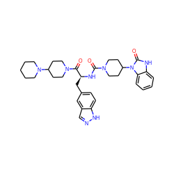 O=C(N[C@@H](Cc1ccc2[nH]ncc2c1)C(=O)N1CCC(N2CCCCC2)CC1)N1CCC(n2c(=O)[nH]c3ccccc32)CC1 ZINC000084689309