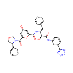 O=C(N[C@@H](Cc1ccccc1)[C@H](O)C(=O)Nc1cccc(-c2nnn[nH]2)c1)c1cc(=O)cc(C(=O)N2COC[C@@H]2c2ccccc2)o1 ZINC000029039586