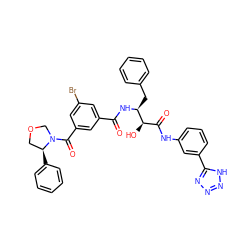 O=C(N[C@@H](Cc1ccccc1)[C@H](O)C(=O)Nc1cccc(-c2nnn[nH]2)c1)c1cc(Br)cc(C(=O)N2COC[C@@H]2c2ccccc2)c1 ZINC000084668643