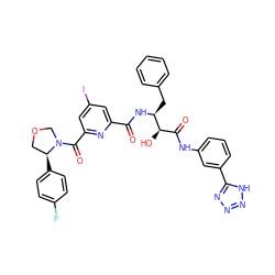 O=C(N[C@@H](Cc1ccccc1)[C@H](O)C(=O)Nc1cccc(-c2nnn[nH]2)c1)c1cc(I)cc(C(=O)N2COC[C@@H]2c2ccc(F)cc2)n1 ZINC000095615740